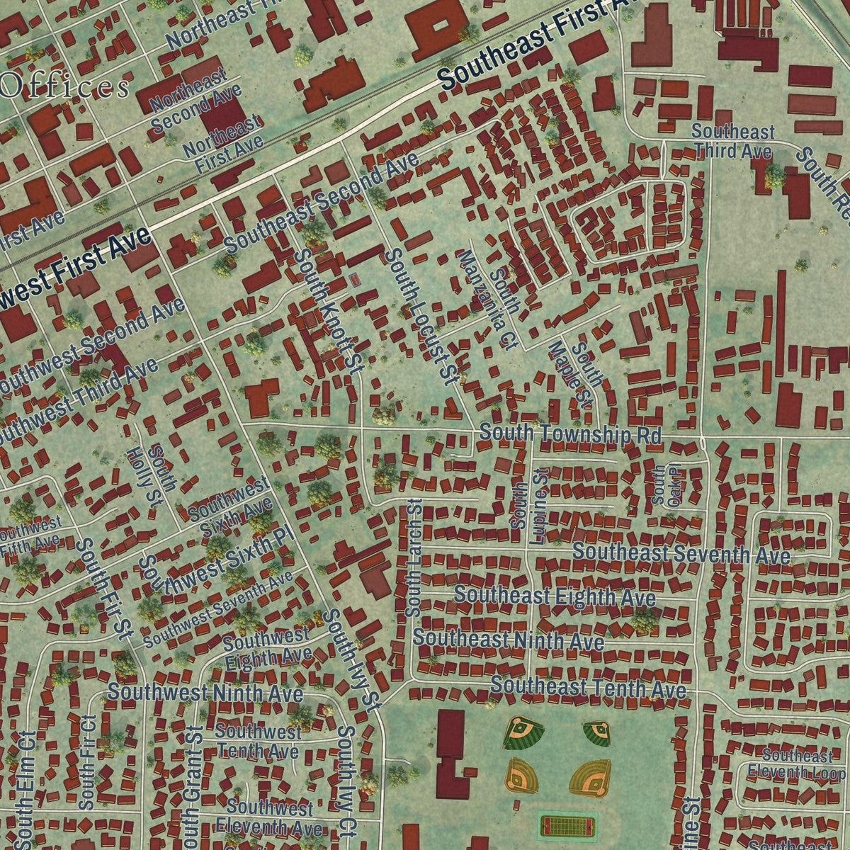 Close-up of the map of Canby, Oregon print showing street and building detail