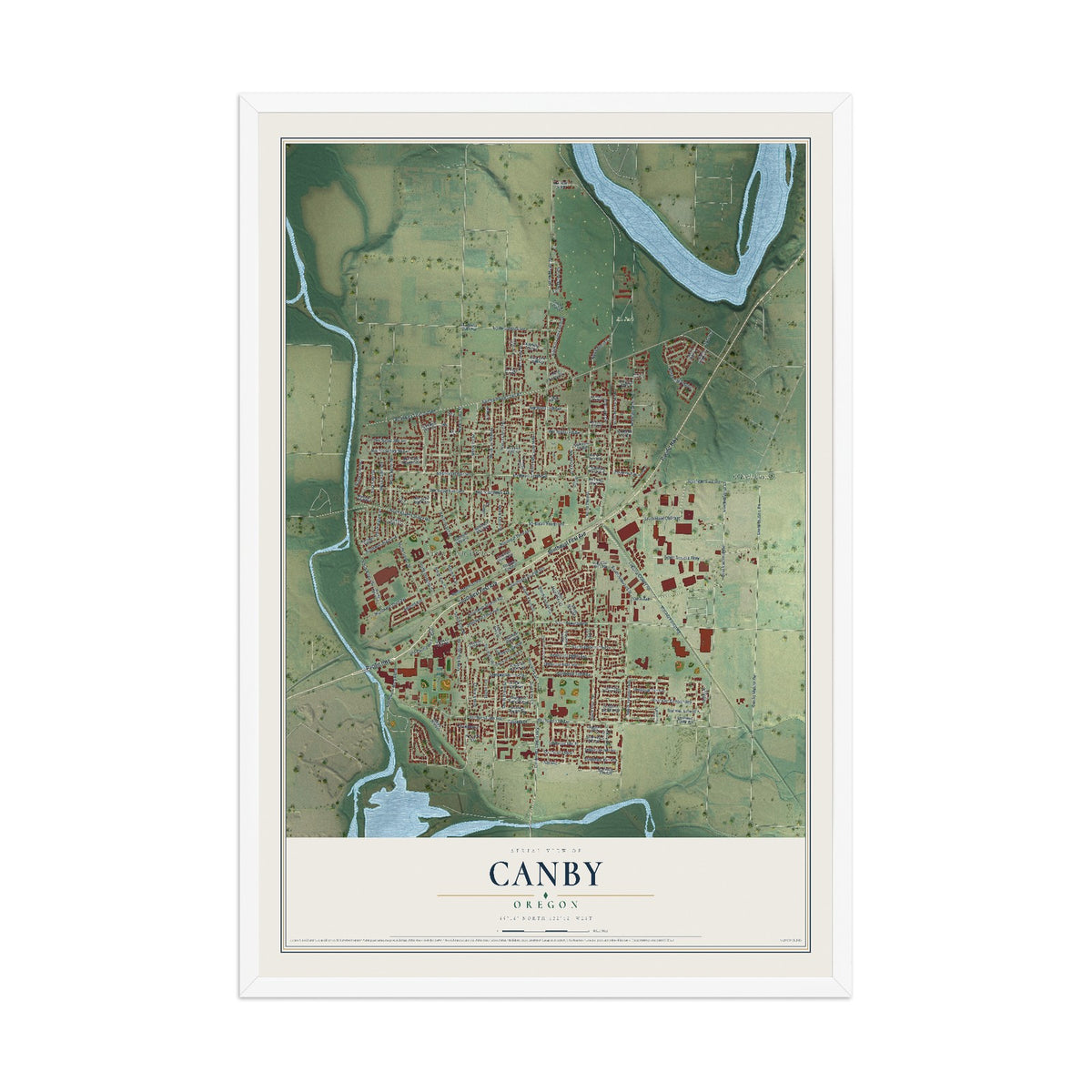 Map of Canby, Oregon, 12 x 18 inch print in a white wood frame