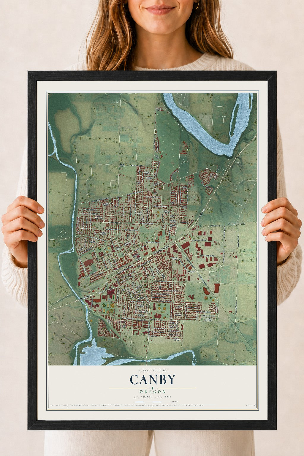 Map of Canby, Oregon, 18 x 24 inch print in a black wood frame