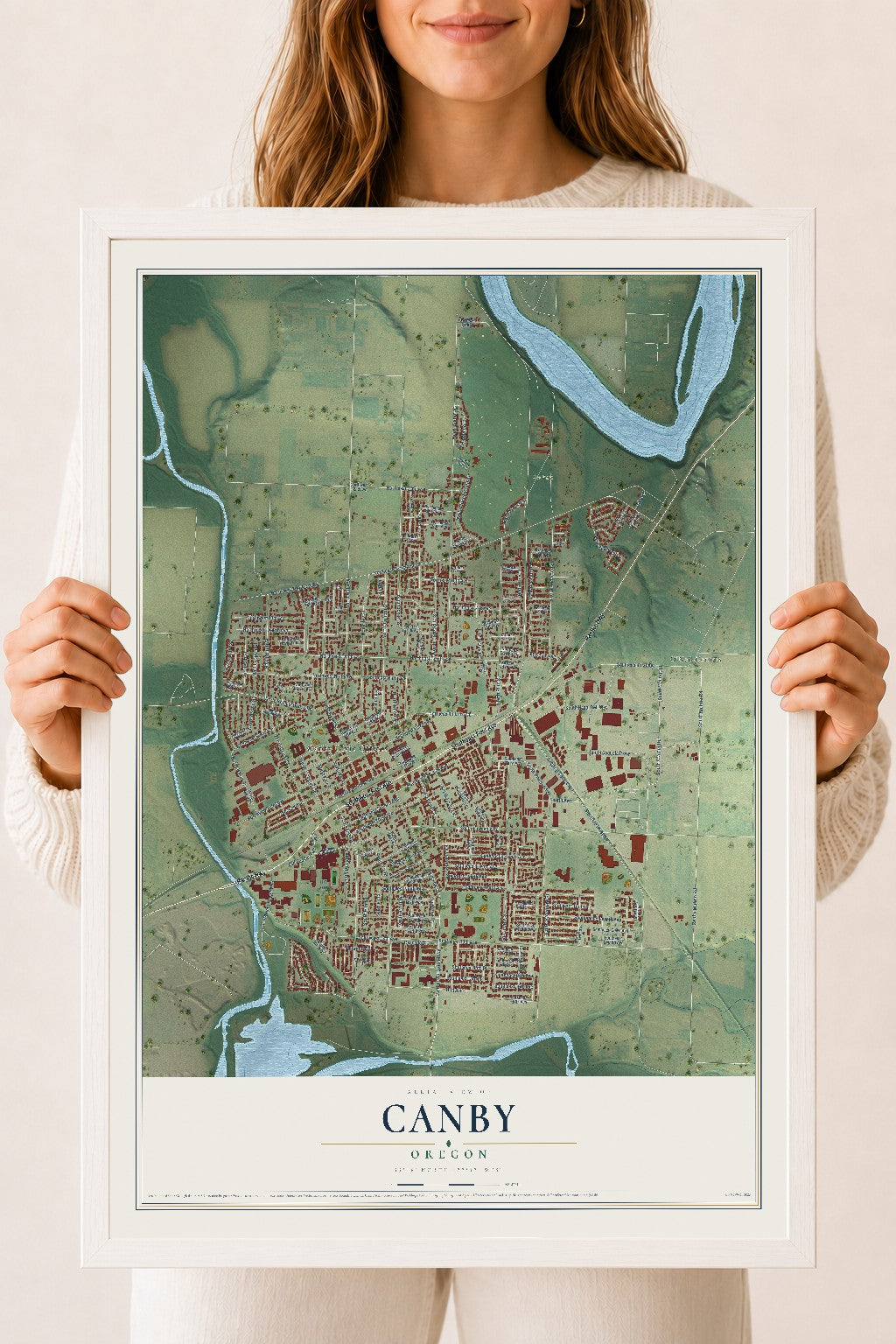 Map of Canby, Oregon, 18 x 24 inch print in a white wood frame