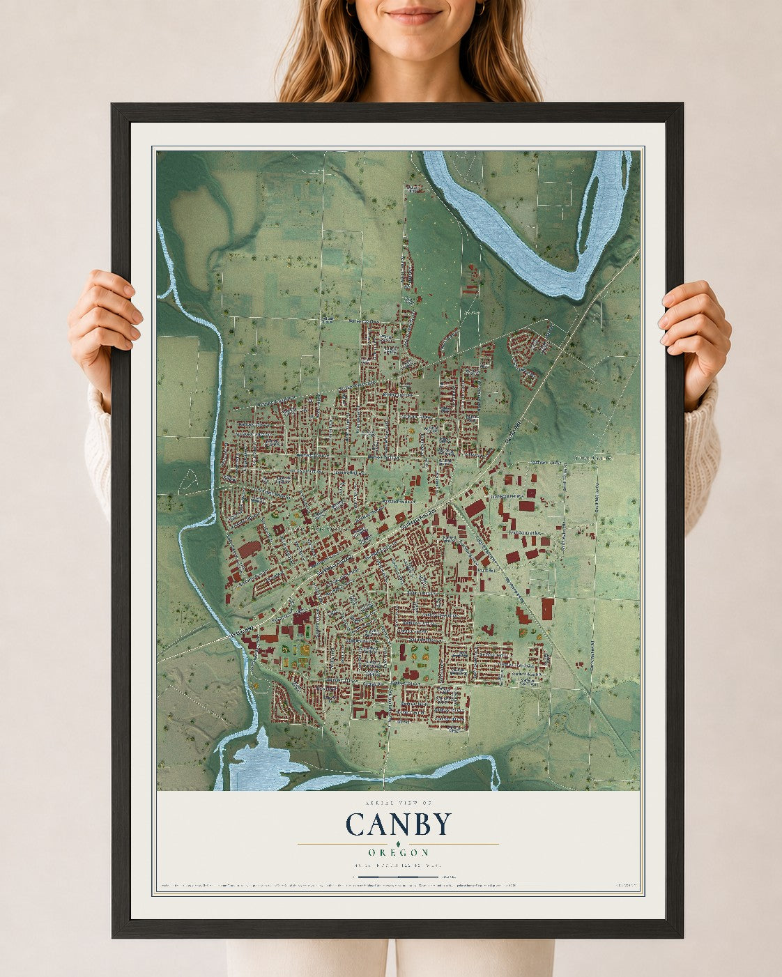 Map of Canby, Oregon, 24 x 36 inch print in a black wood frame