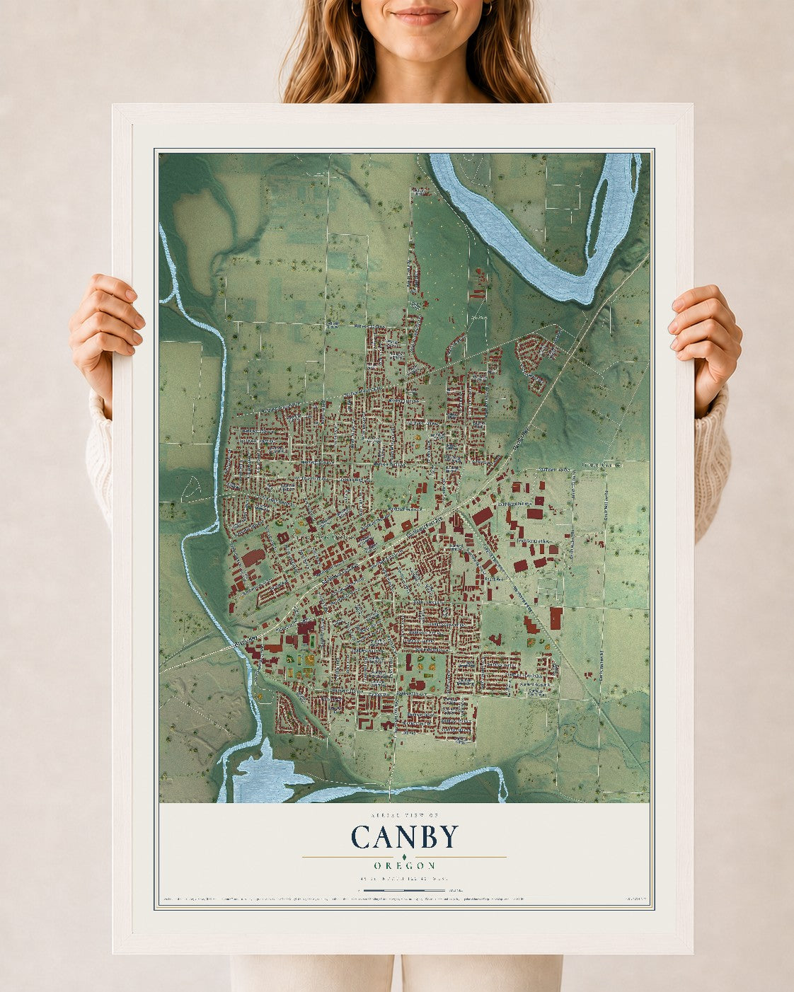 Map of Canby, Oregon, 24 x 36 inch print in a white wood frame