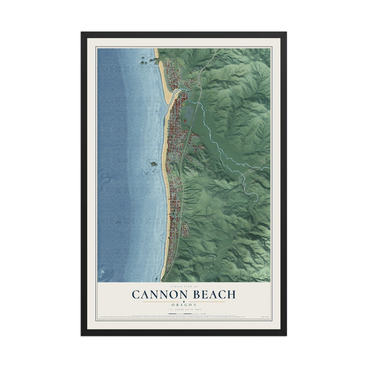 Map of Cannon Beach, Oregon, 12 x 18 inch print in a black wood frame