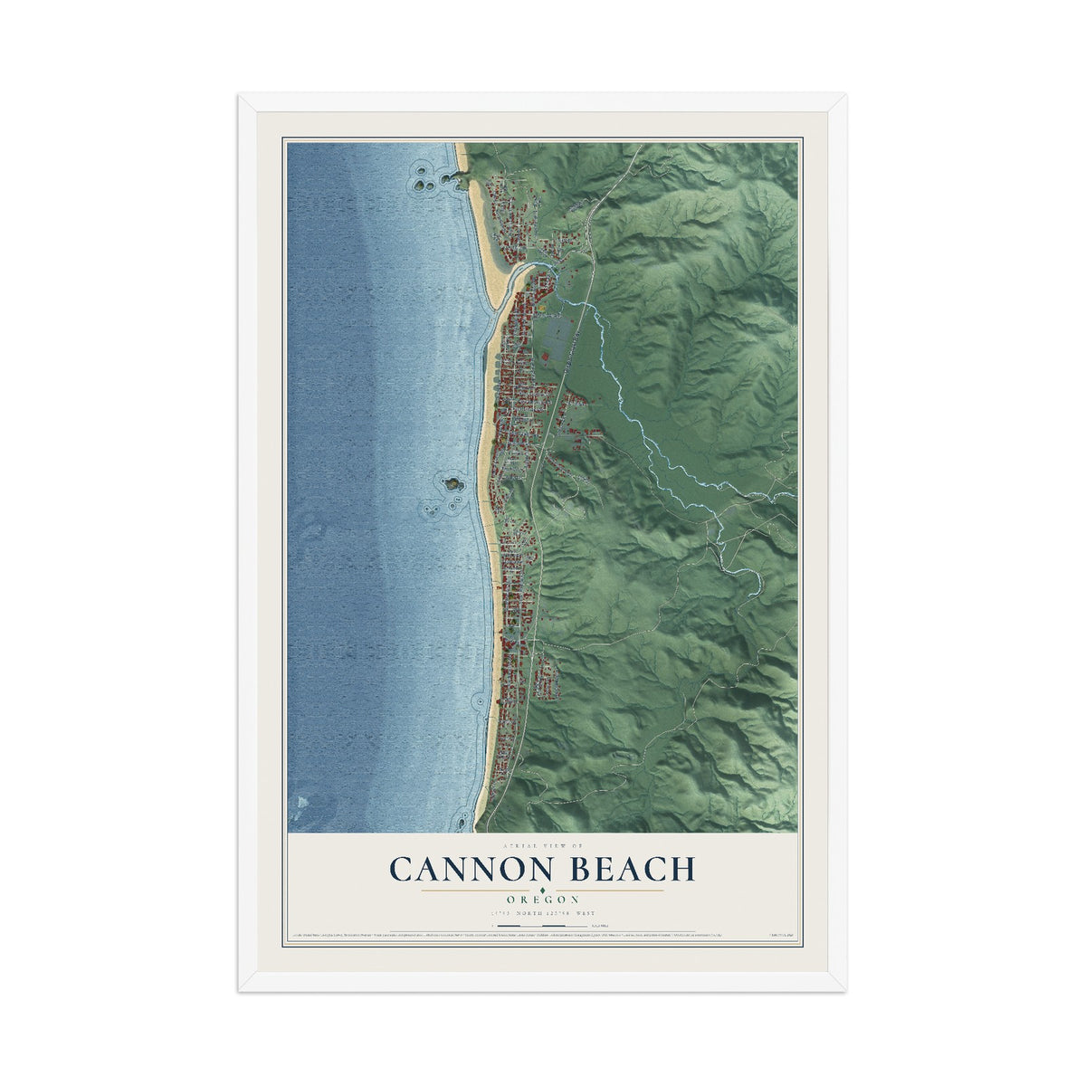 Map of Cannon Beach, Oregon, 12 x 18 inch print in a white wood frame