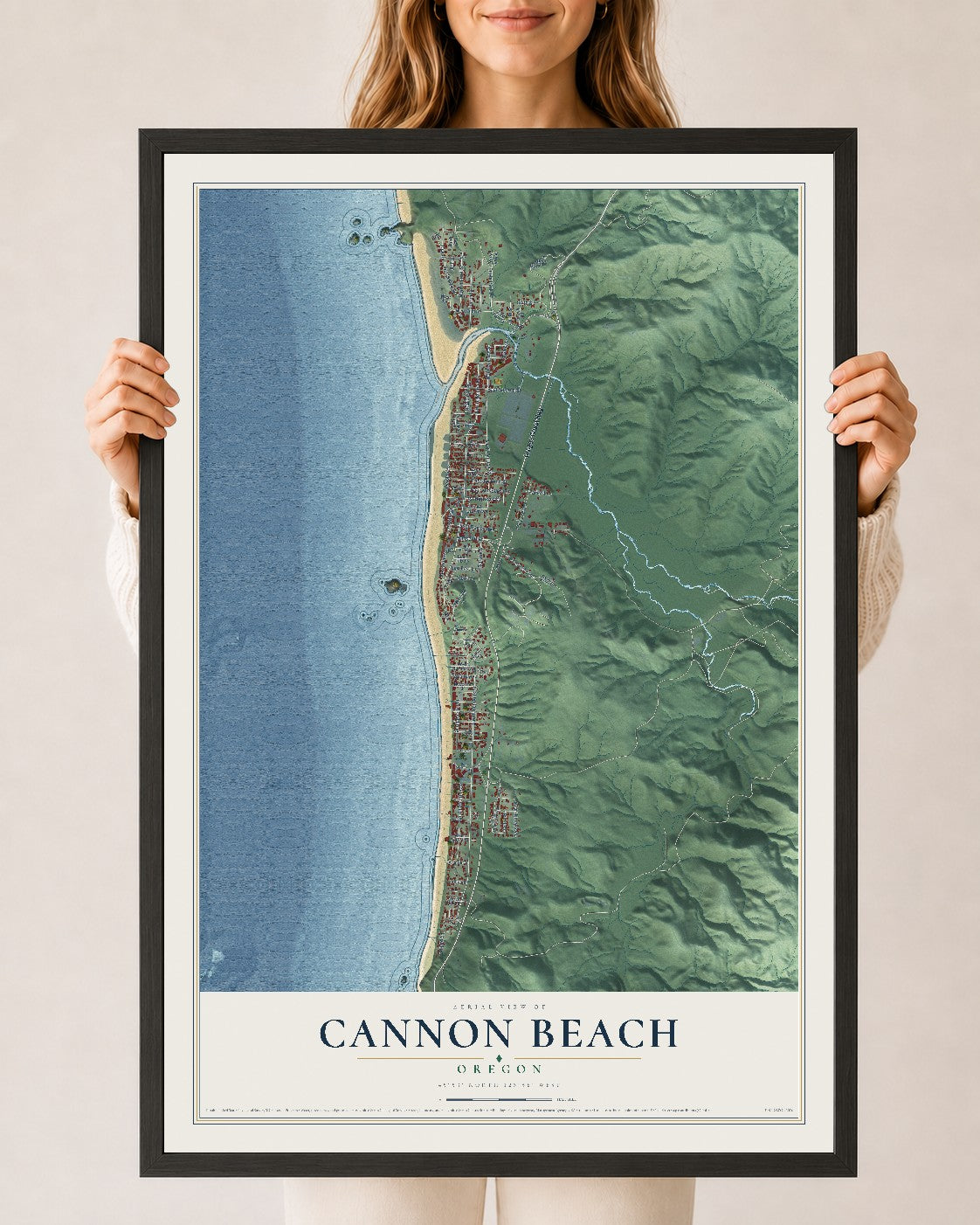 Map of Cannon Beach, Oregon, 24 x 36 inch print in a black wood frame