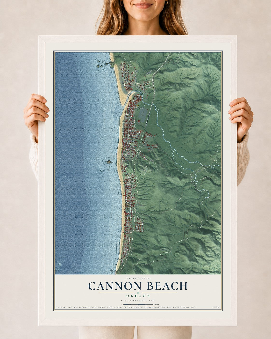 Map of Cannon Beach, Oregon, 24 x 36 inch print in a white wood frame