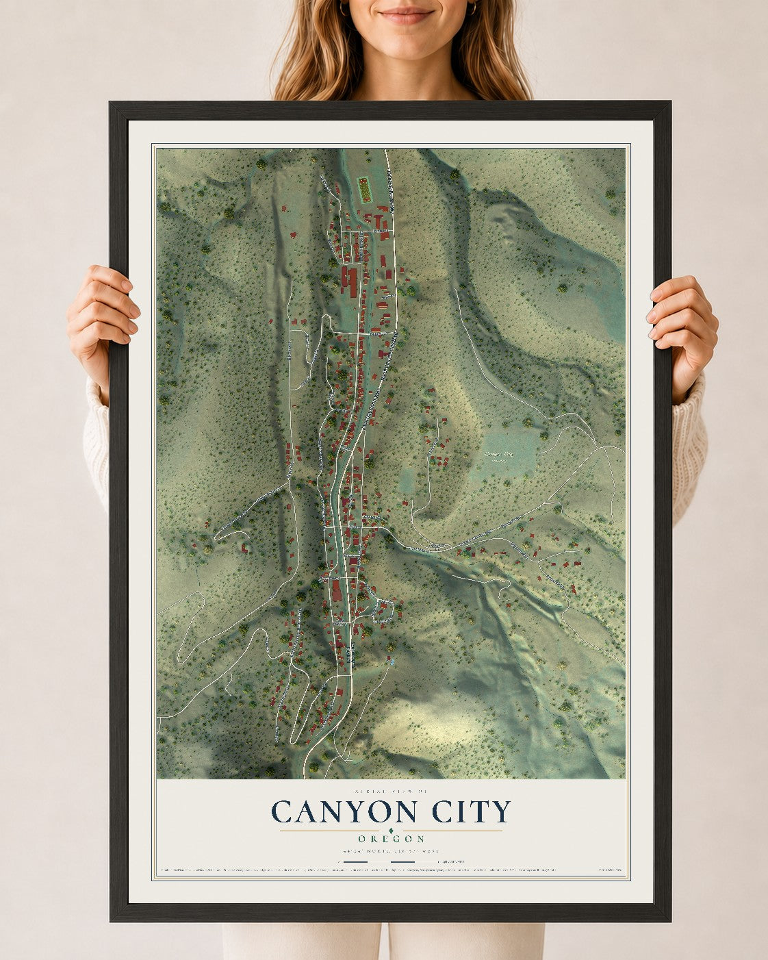 Map of Canyon City, Oregon, 24 x 36 inch print in a black wood frame