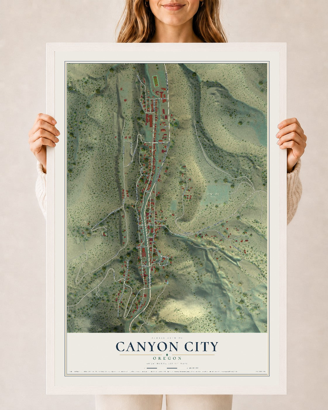Map of Canyon City, Oregon, 24 x 36 inch print in a white wood frame