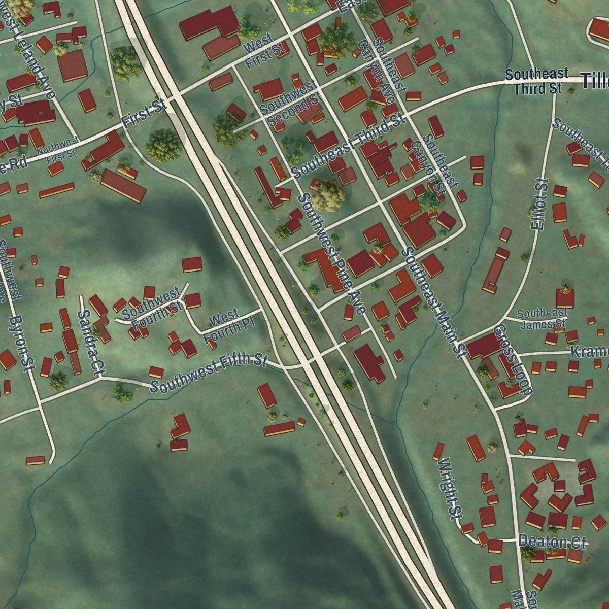 Close-up of the map of Canyonville, Oregon print showing street and building detail