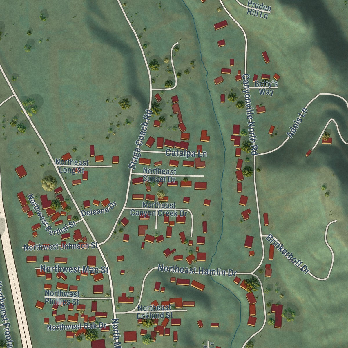 Second close-up of the map of Canyonville, Oregon print showing more streets and buildings