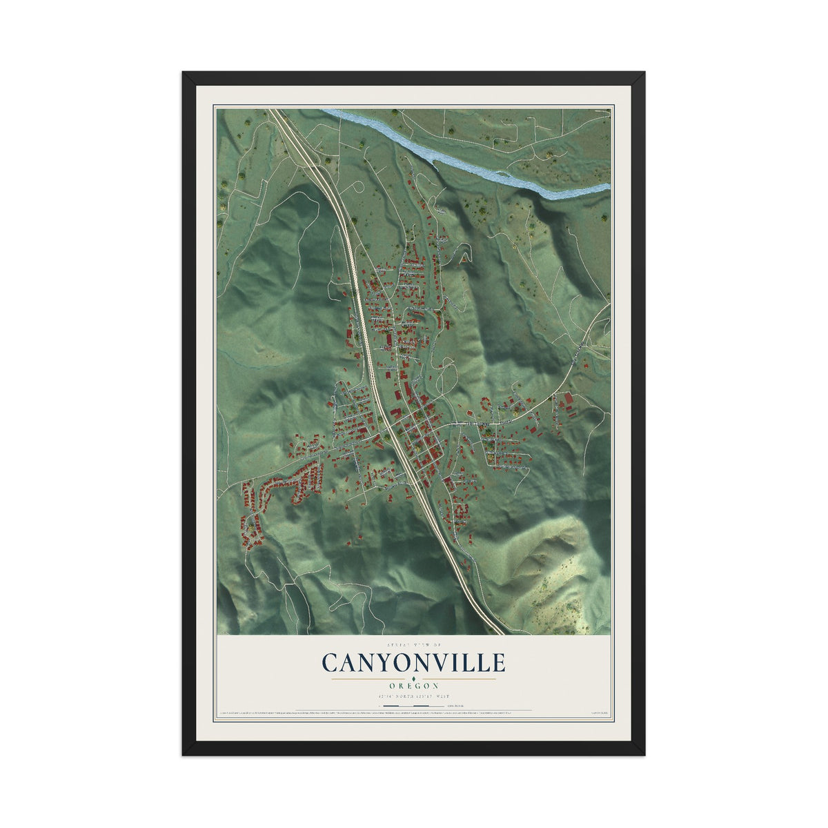 Map of Canyonville, Oregon, 12 x 18 inch print in a black wood frame