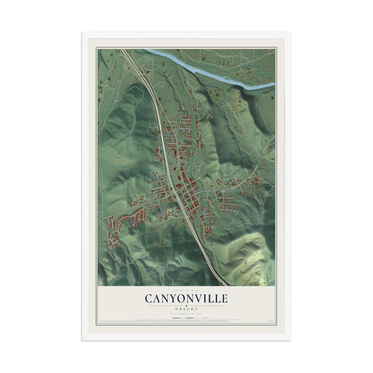 Map of Canyonville, Oregon, 12 x 18 inch print in a white wood frame