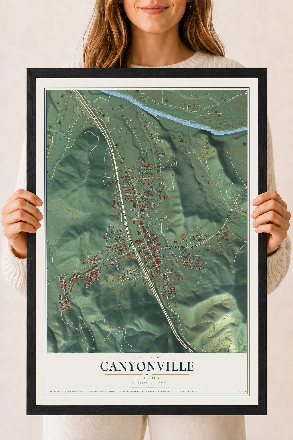 Map of Canyonville, Oregon, 18 x 24 inch print in a black wood frame