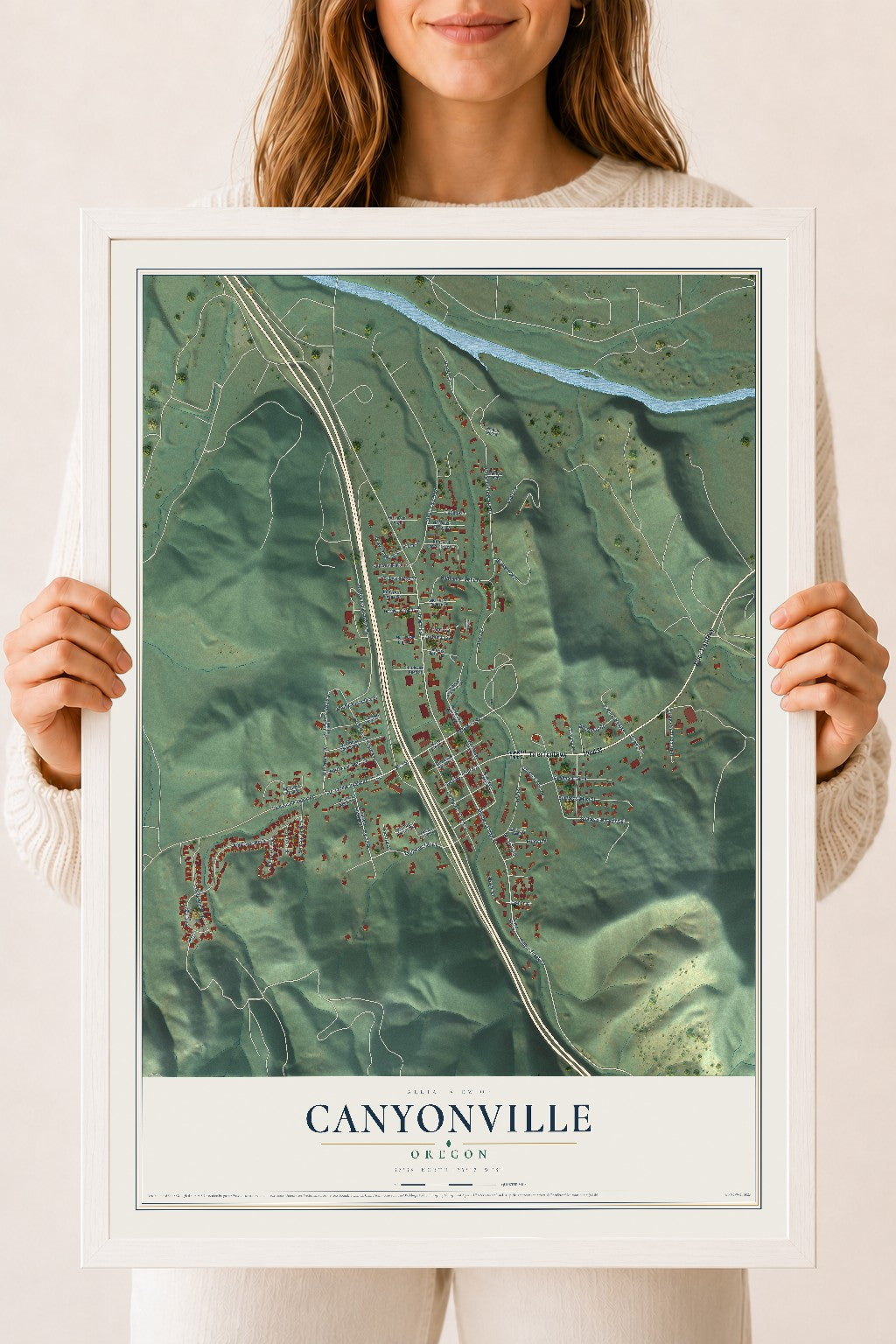 Map of Canyonville, Oregon, 18 x 24 inch print in a white wood frame