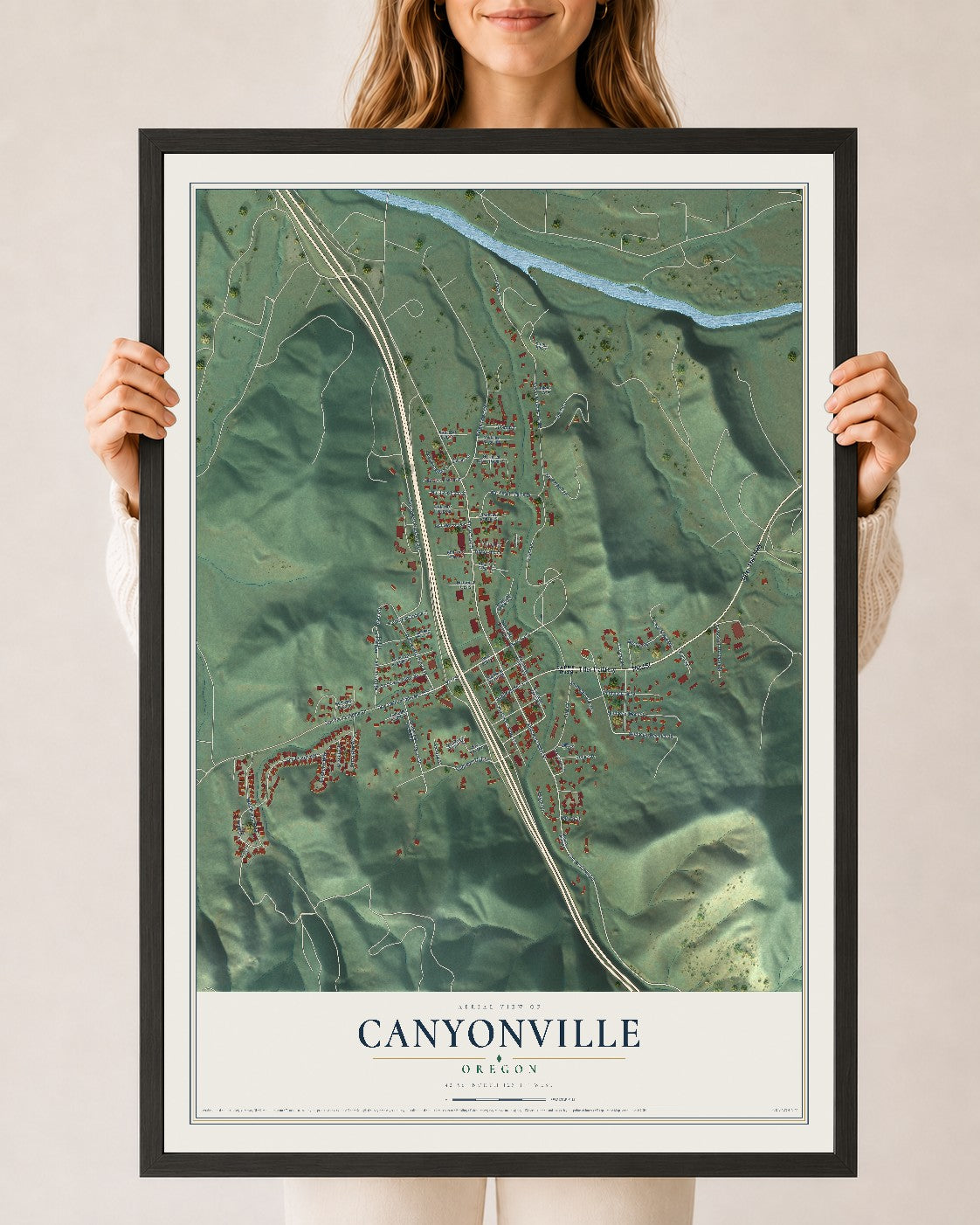 Map of Canyonville, Oregon, 24 x 36 inch print in a black wood frame