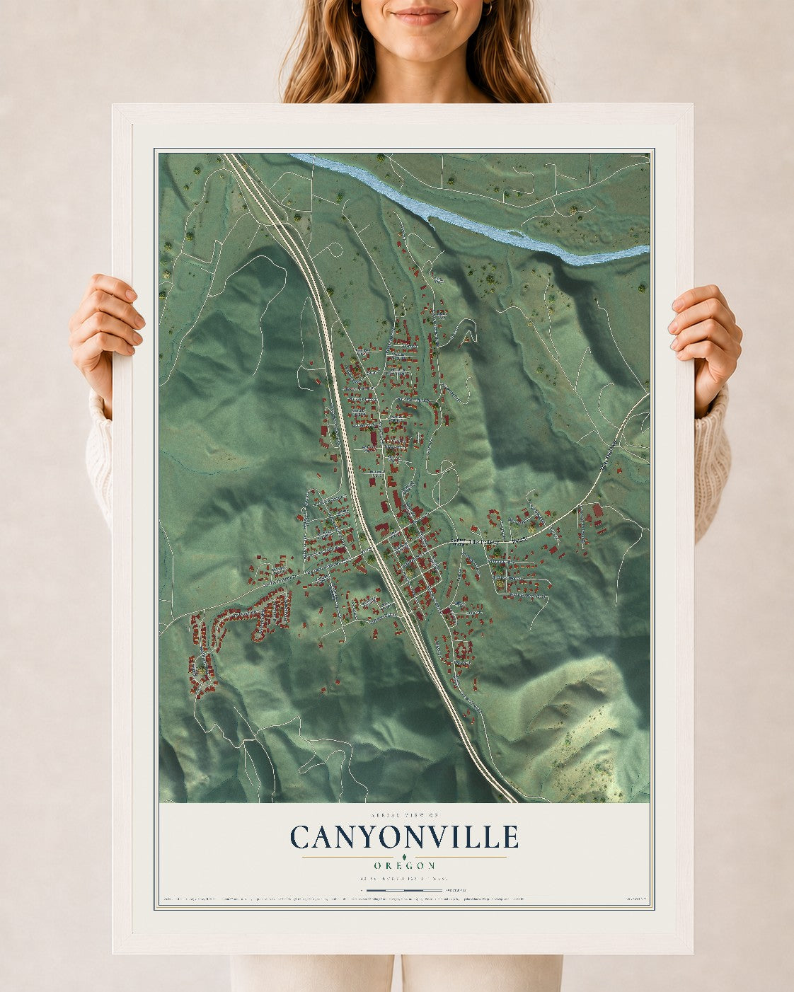 Map of Canyonville, Oregon, 24 x 36 inch print in a white wood frame