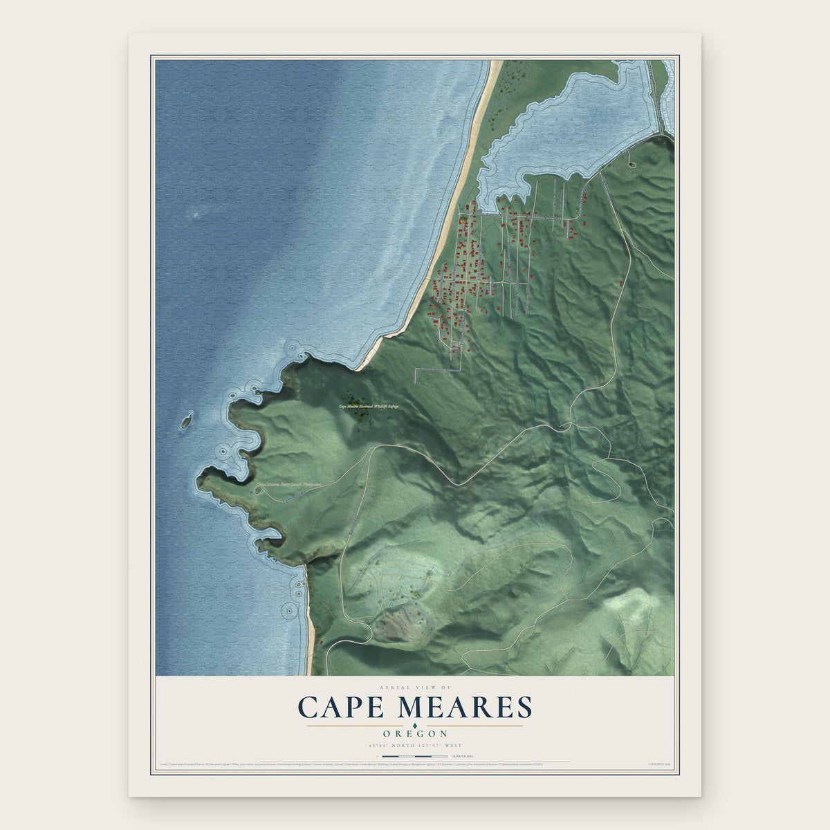 Cape Meares, Oregon map print, the full design