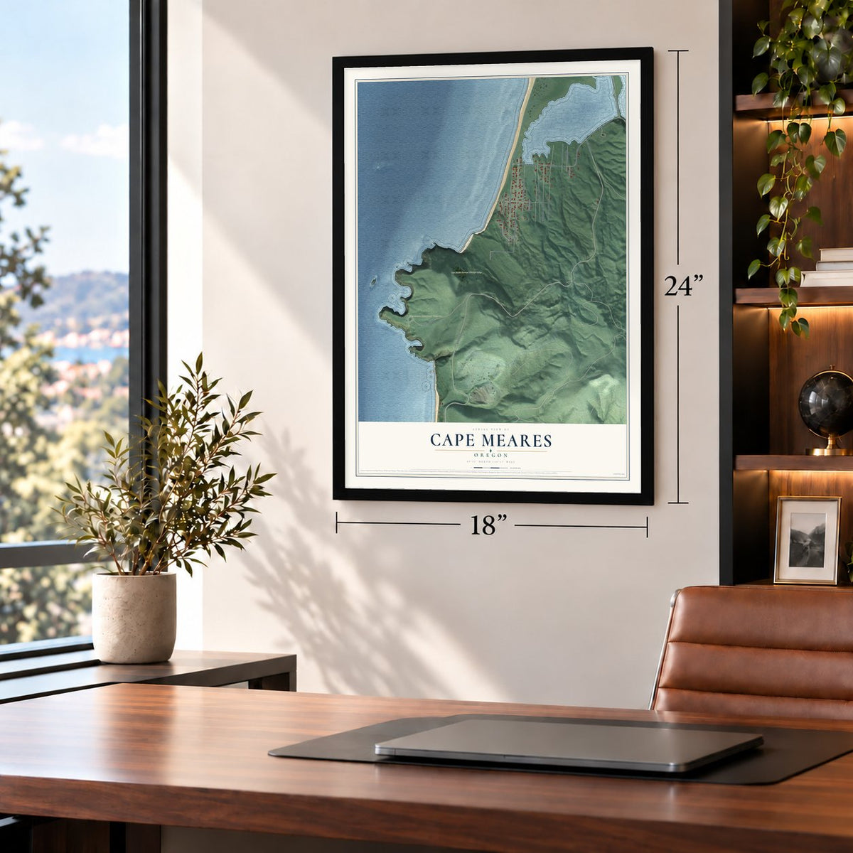Cape Meares, Oregon map, 18 x 24 inch print in a black frame in a home office