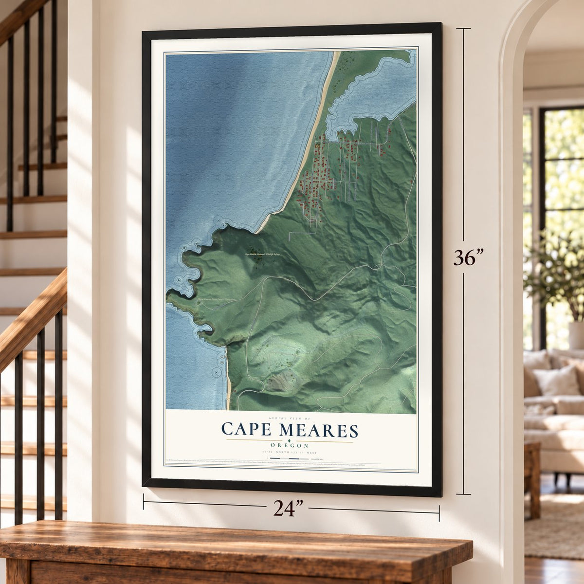 Cape Meares, Oregon map, 24 x 36 inch print in a black frame by a staircase