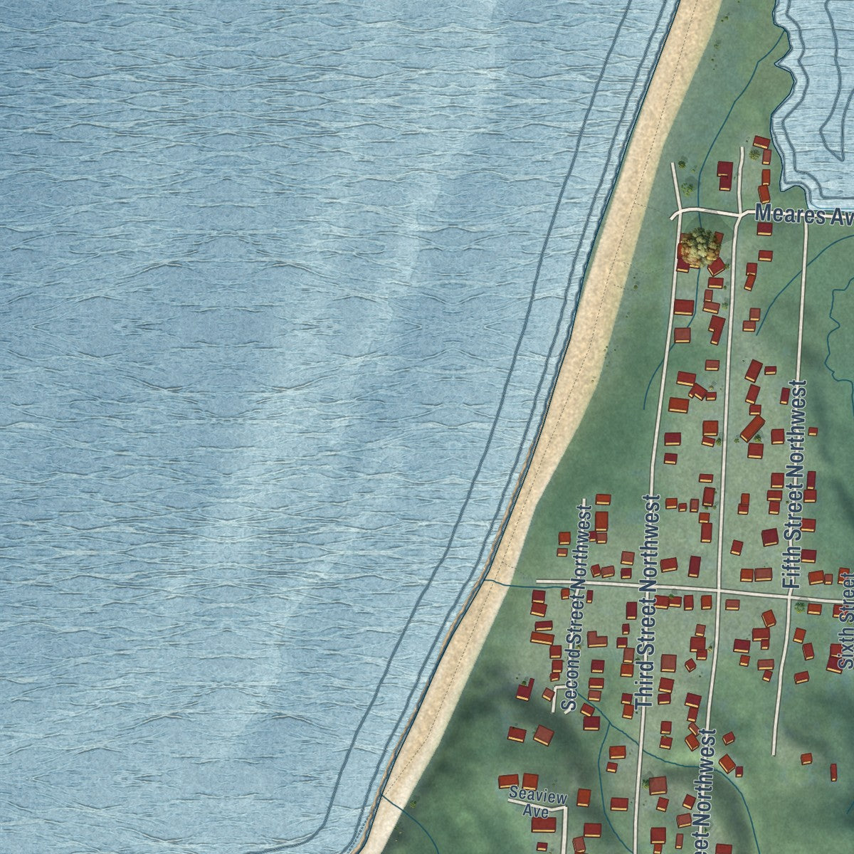 Close-up of the map of Cape Meares, Oregon print showing street and building detail