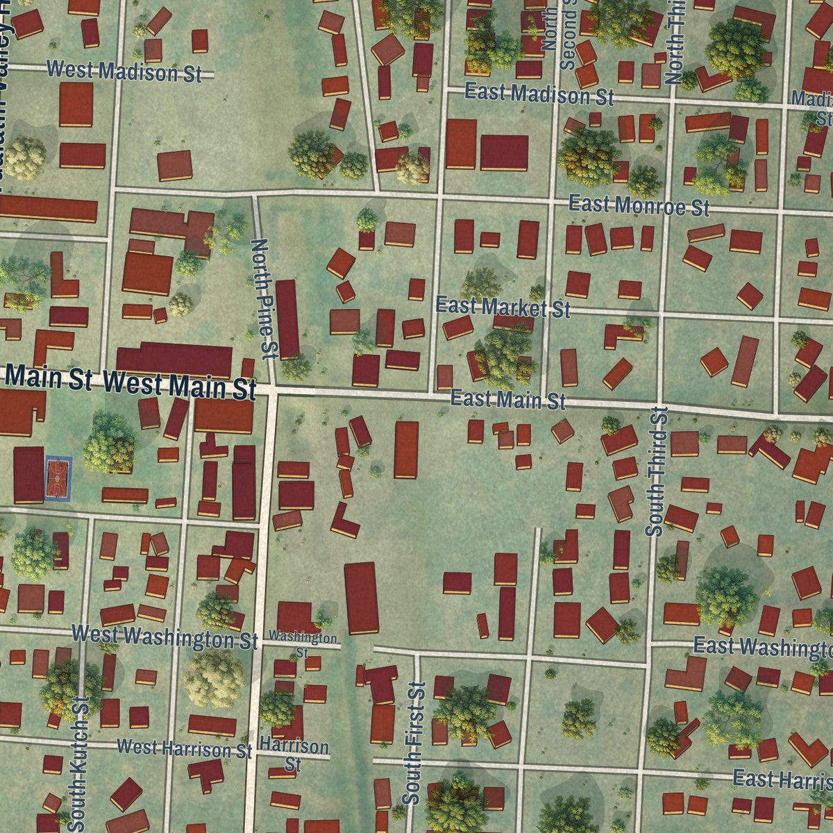 Close-up of the map of Carlton, Oregon print showing street and building detail