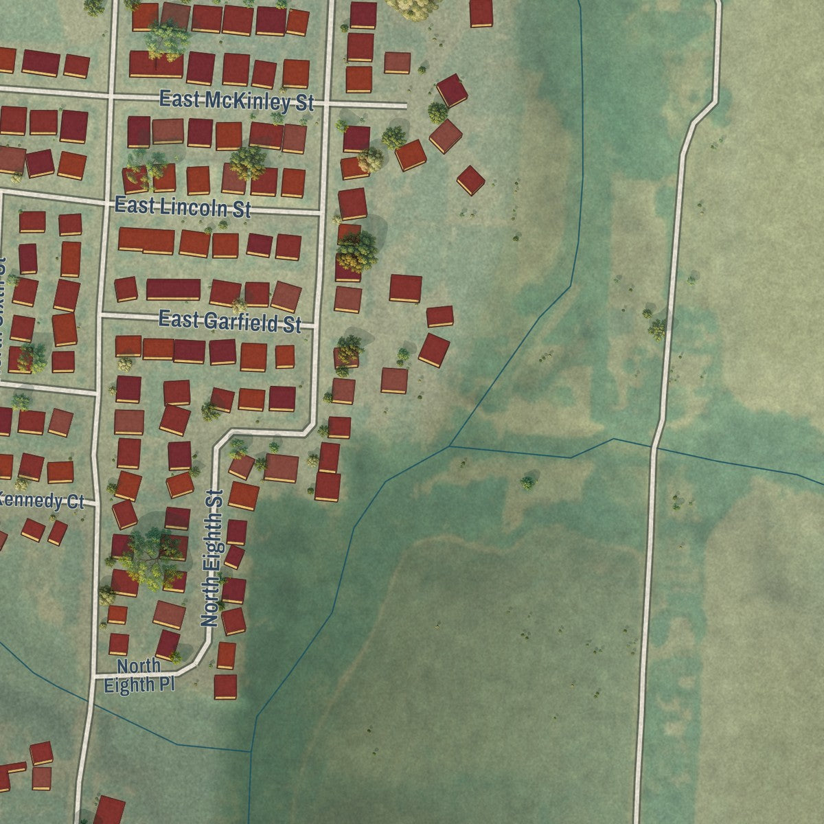 Second close-up of the map of Carlton, Oregon print showing more streets and buildings