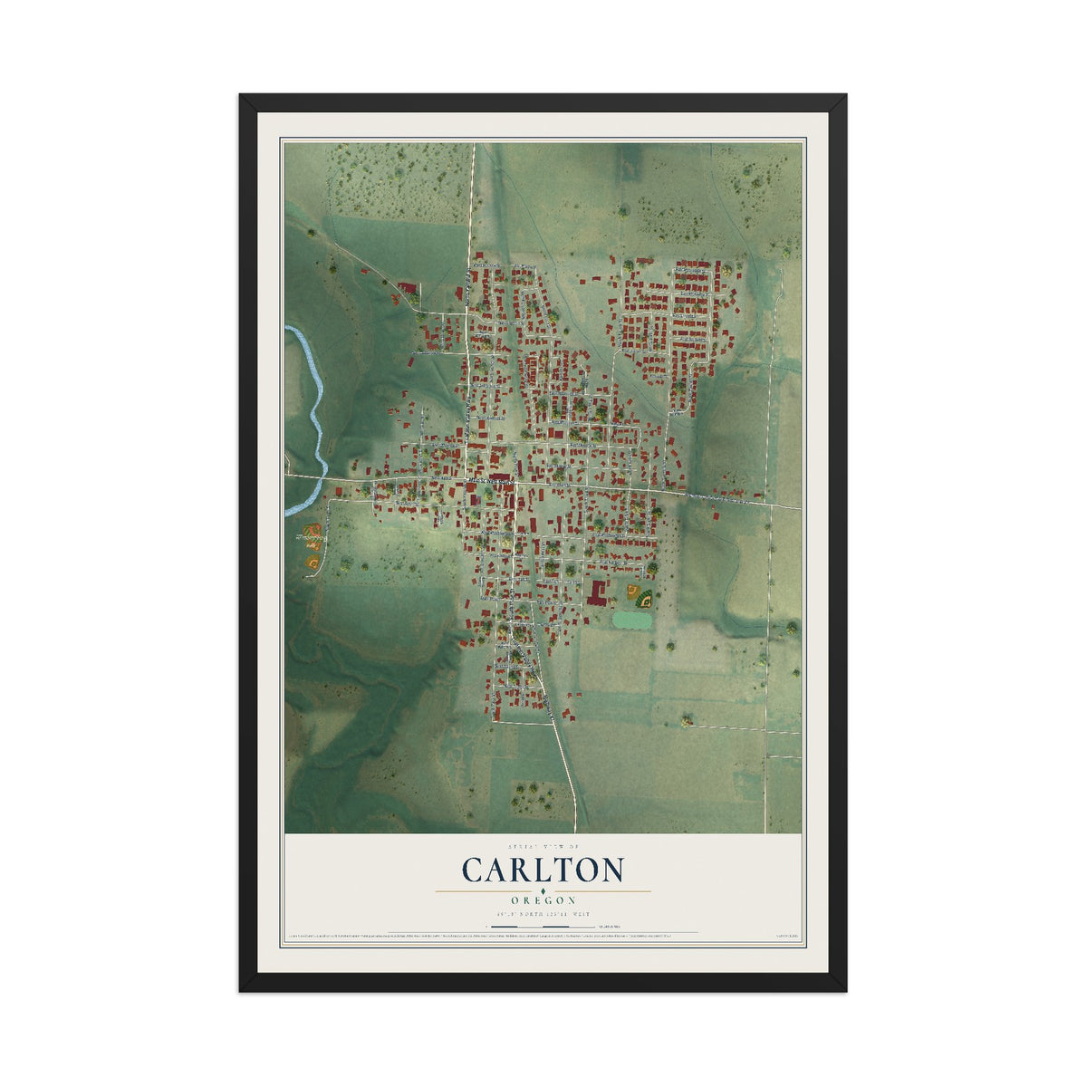 Map of Carlton, Oregon, 12 x 18 inch print in a black wood frame