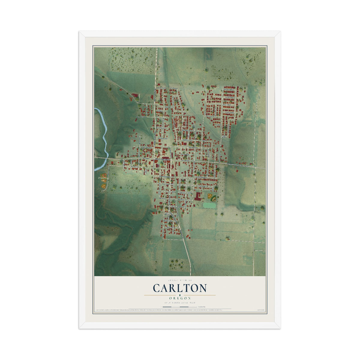 Map of Carlton, Oregon, 12 x 18 inch print in a white wood frame