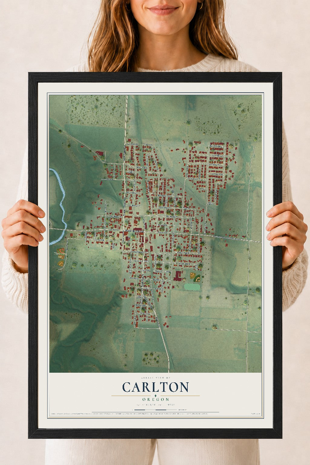 Map of Carlton, Oregon, 18 x 24 inch print in a black wood frame
