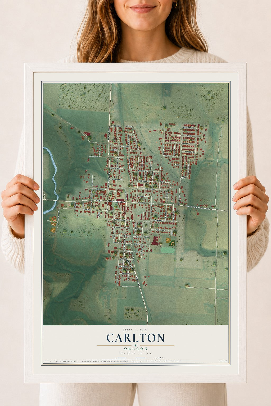 Map of Carlton, Oregon, 18 x 24 inch print in a white wood frame