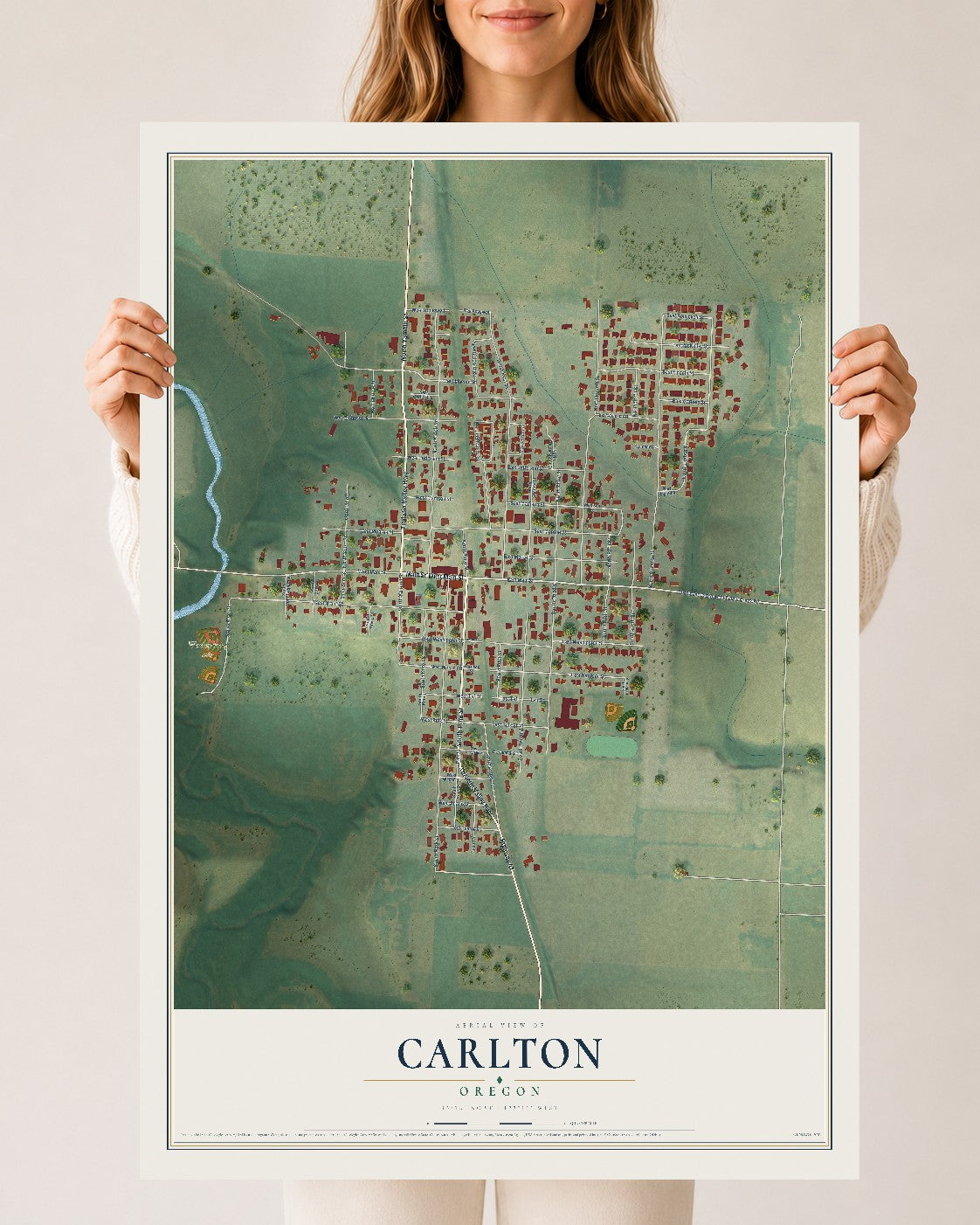 Map of Carlton, Oregon, 24 x 36 inch unframed archival matte print