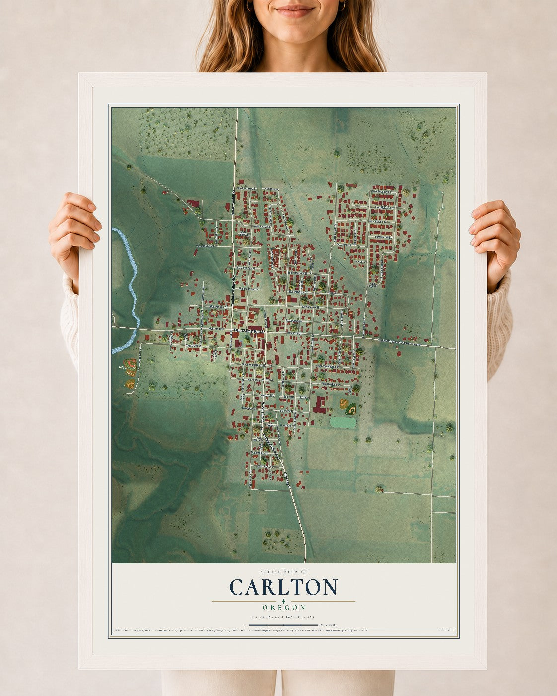Map of Carlton, Oregon, 24 x 36 inch print in a white wood frame