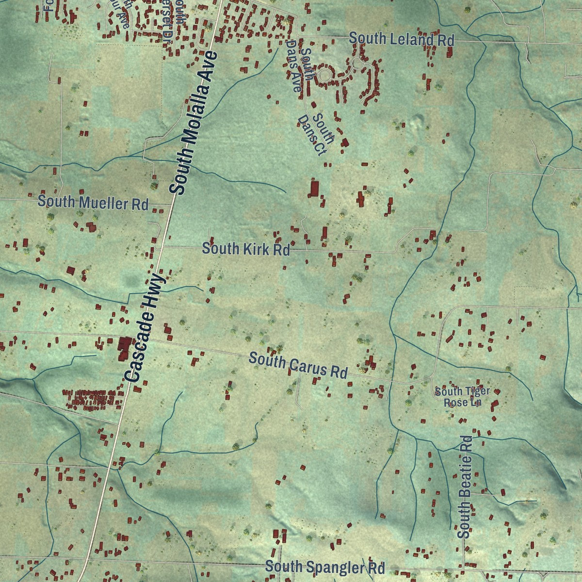 Close-up of the map of Carus, Oregon print showing street and building detail