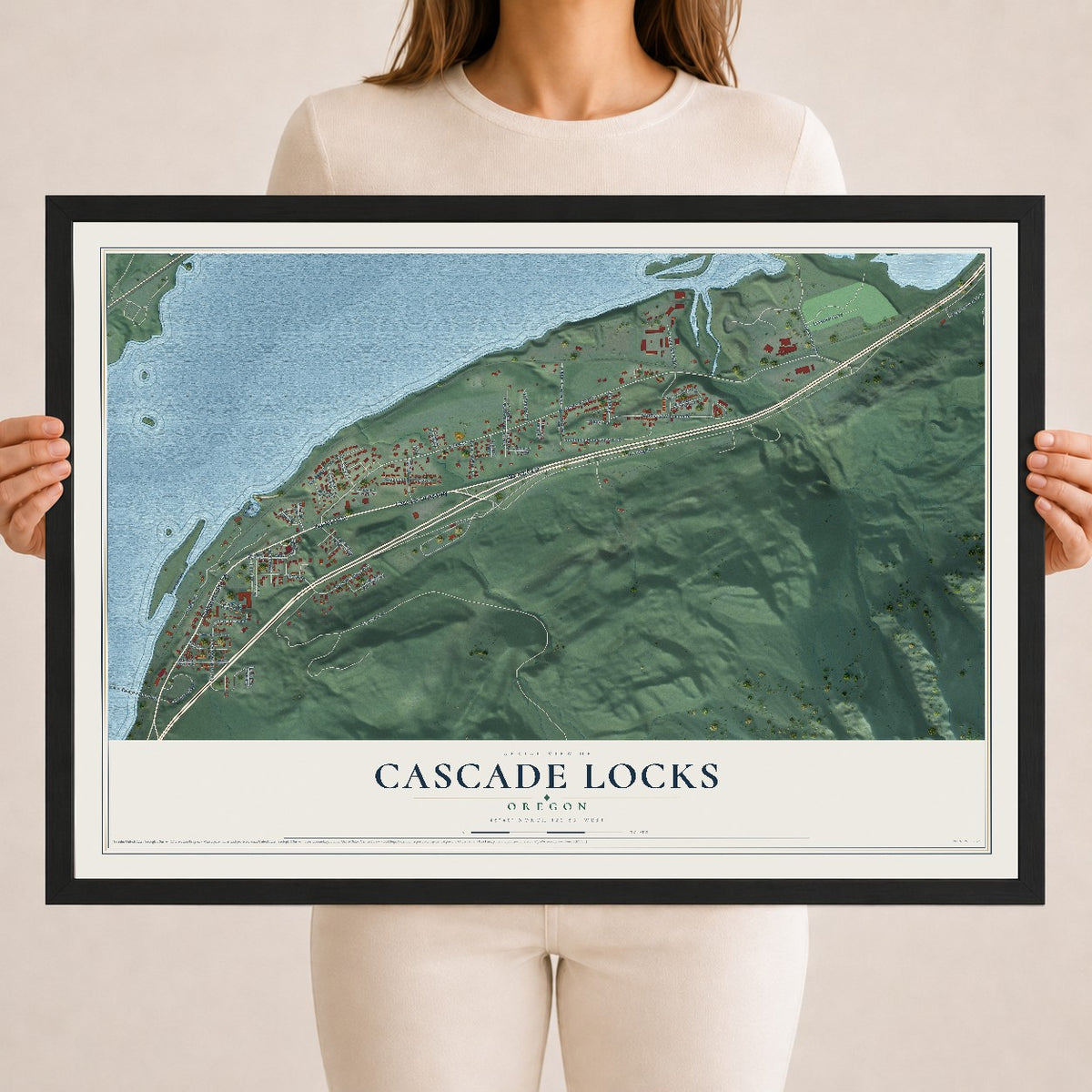 Map of Cascade Locks, Oregon, 18 x 24 inch print in a black wood frame
