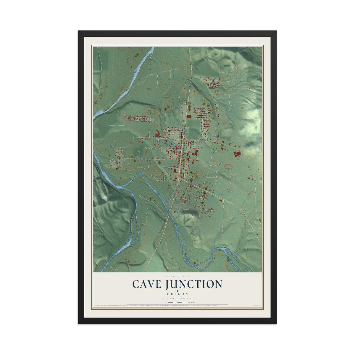 Map of Cave Junction, Oregon, 12 x 18 inch print in a black wood frame