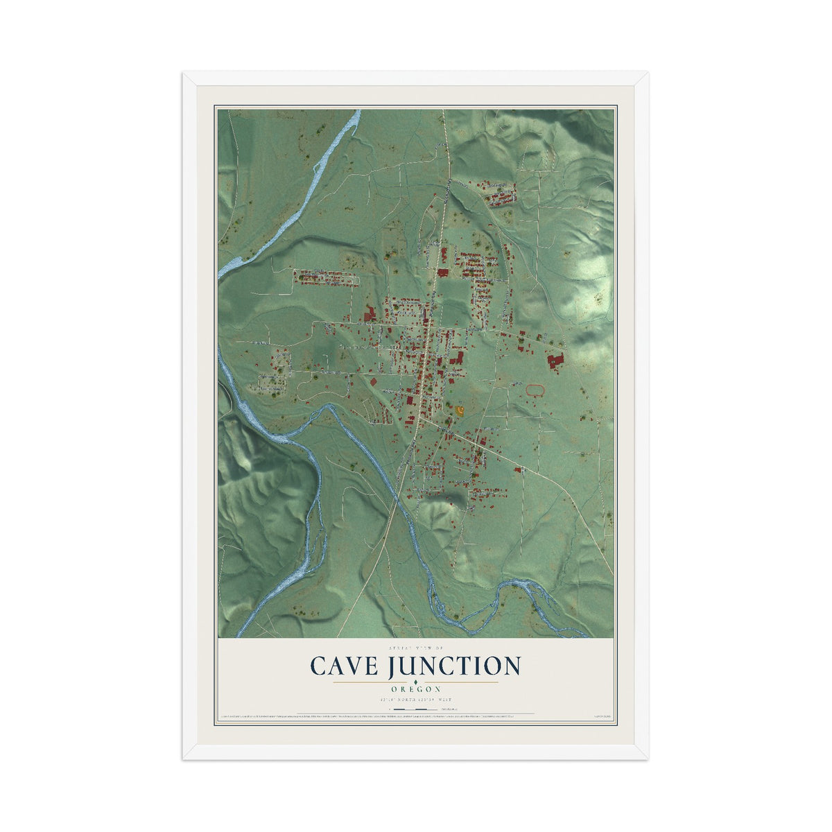 Map of Cave Junction, Oregon, 12 x 18 inch print in a white wood frame