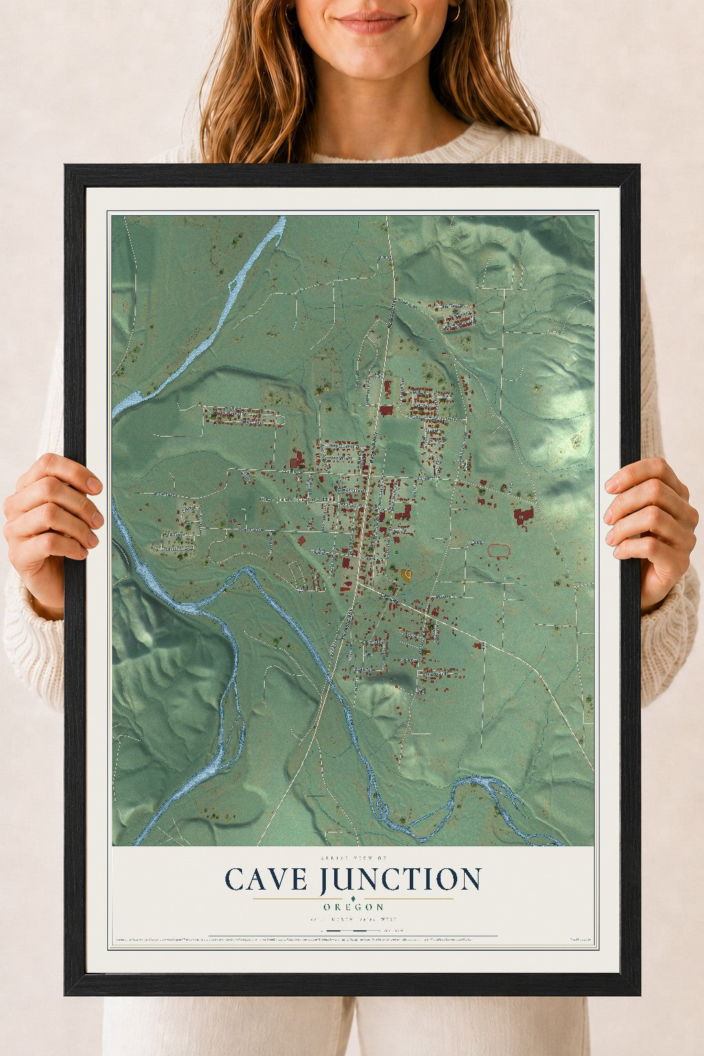 Map of Cave Junction, Oregon, 18 x 24 inch print in a black wood frame