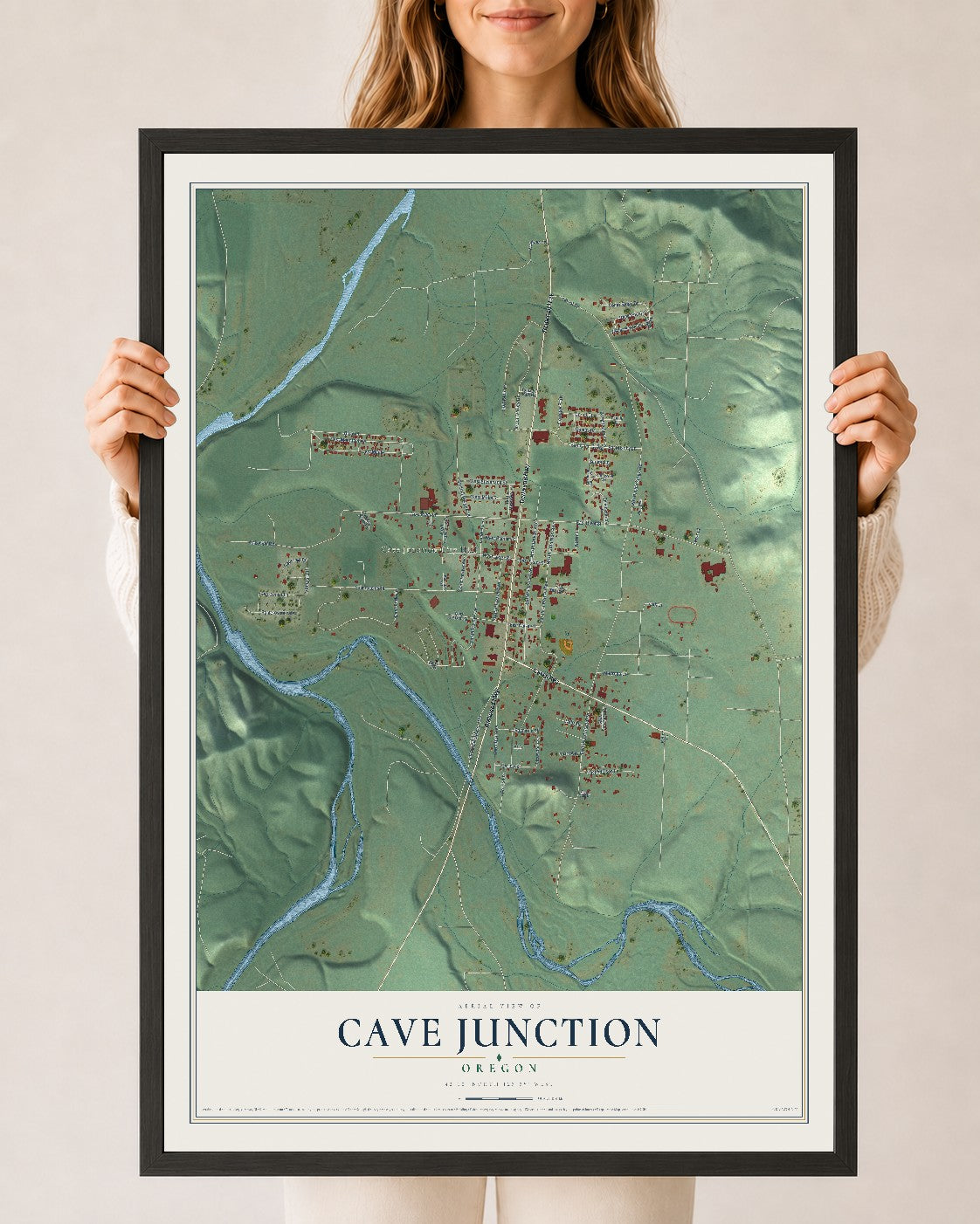 Map of Cave Junction, Oregon, 24 x 36 inch print in a black wood frame