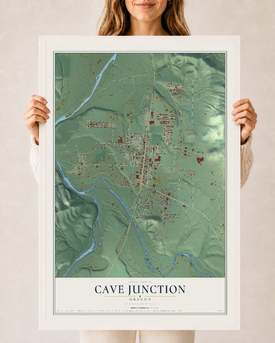 Map of Cave Junction, Oregon, 24 x 36 inch print in a white wood frame
