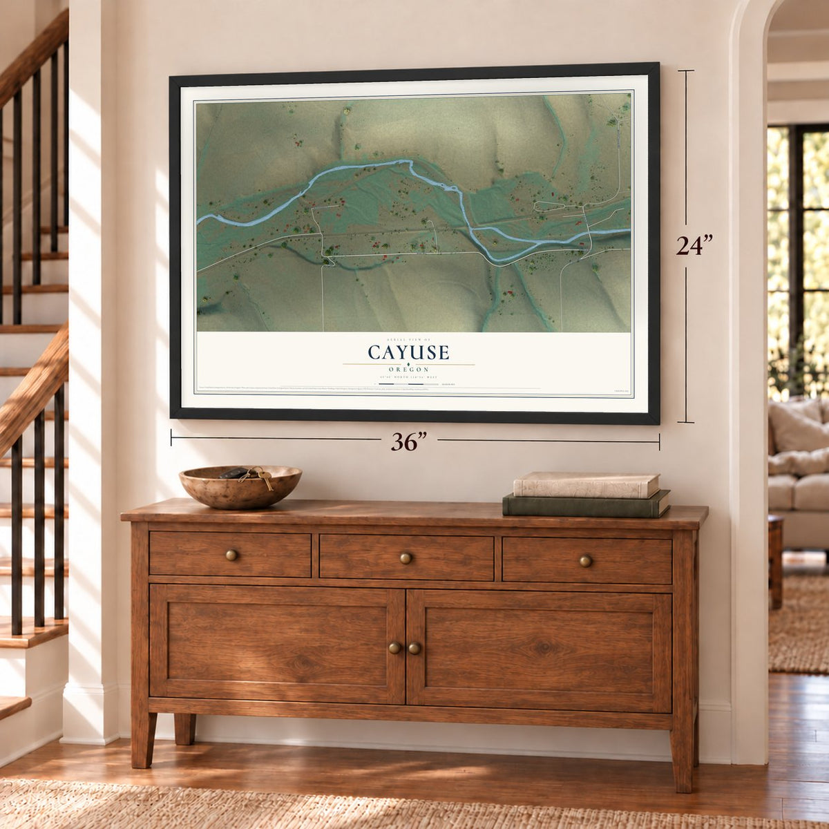 Cayuse, Oregon map, 24 x 36 inch print in a black frame above a dresser by a staircase