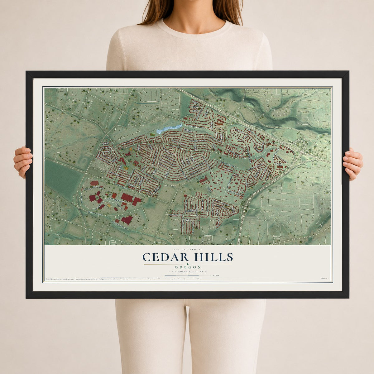 Map of Cedar Hills, Oregon, 24 x 36 inch print in a black wood frame