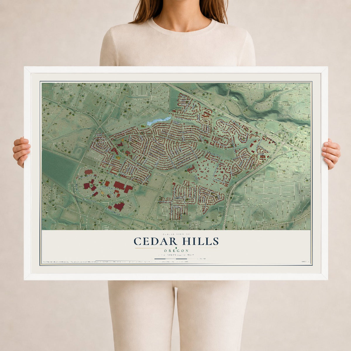 Map of Cedar Hills, Oregon, 24 x 36 inch print in a white wood frame