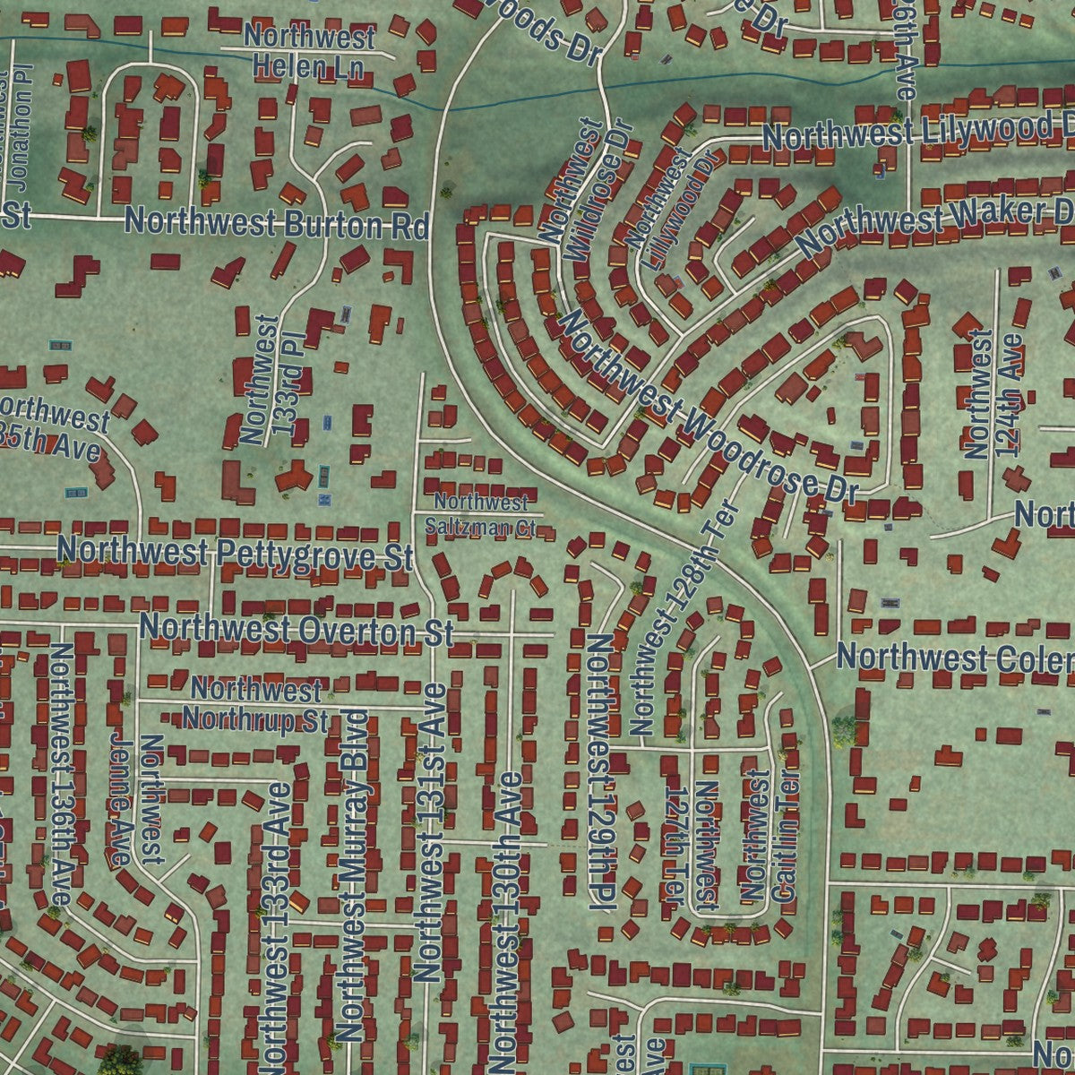 Close-up of the map of Cedar Mill, Oregon print showing street and building detail
