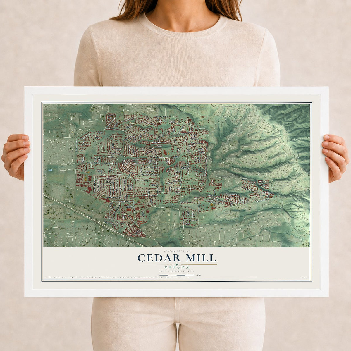 Map of Cedar Mill, Oregon, 12 x 18 inch print in a white wood frame