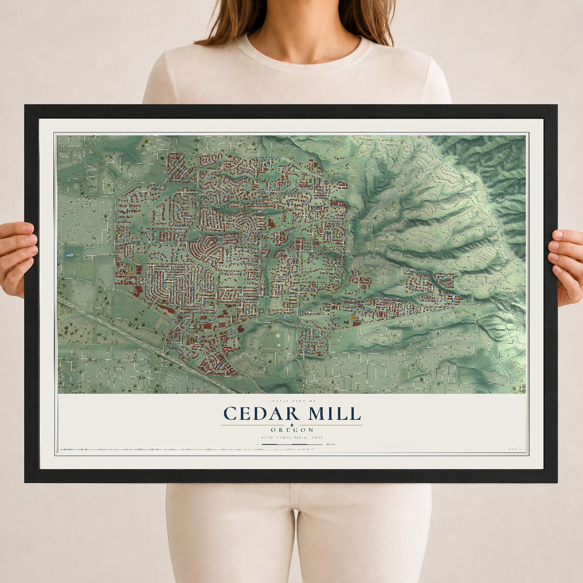Map of Cedar Mill, Oregon, 18 x 24 inch print in a black wood frame