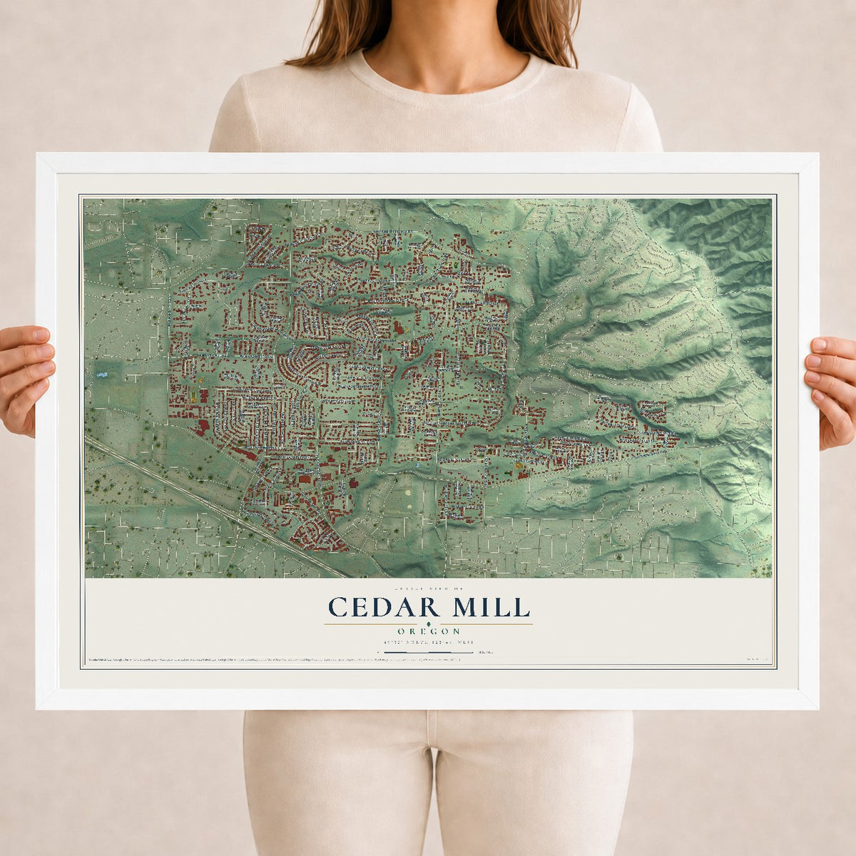 Map of Cedar Mill, Oregon, 18 x 24 inch print in a white wood frame