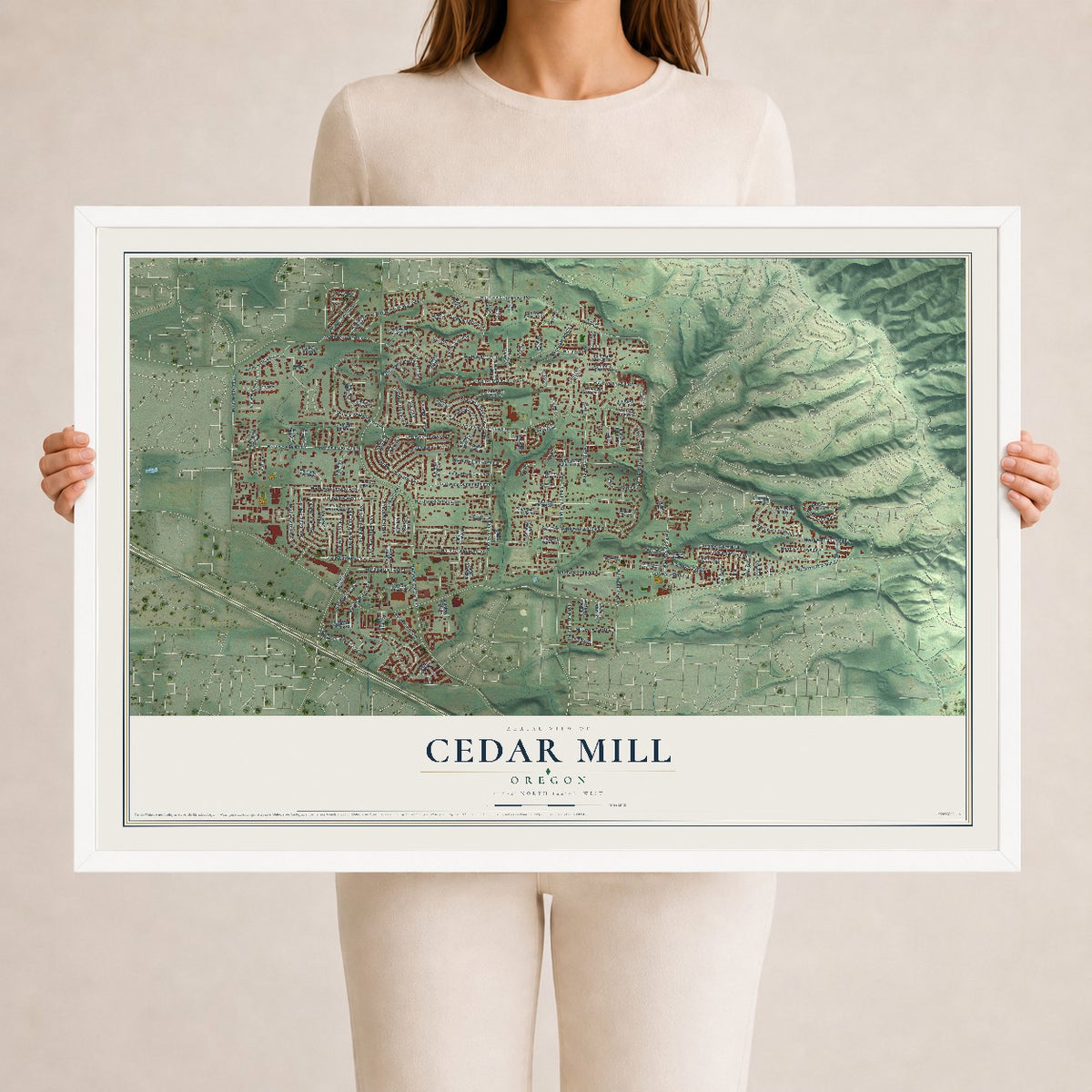 Map of Cedar Mill, Oregon, 24 x 36 inch print in a white wood frame