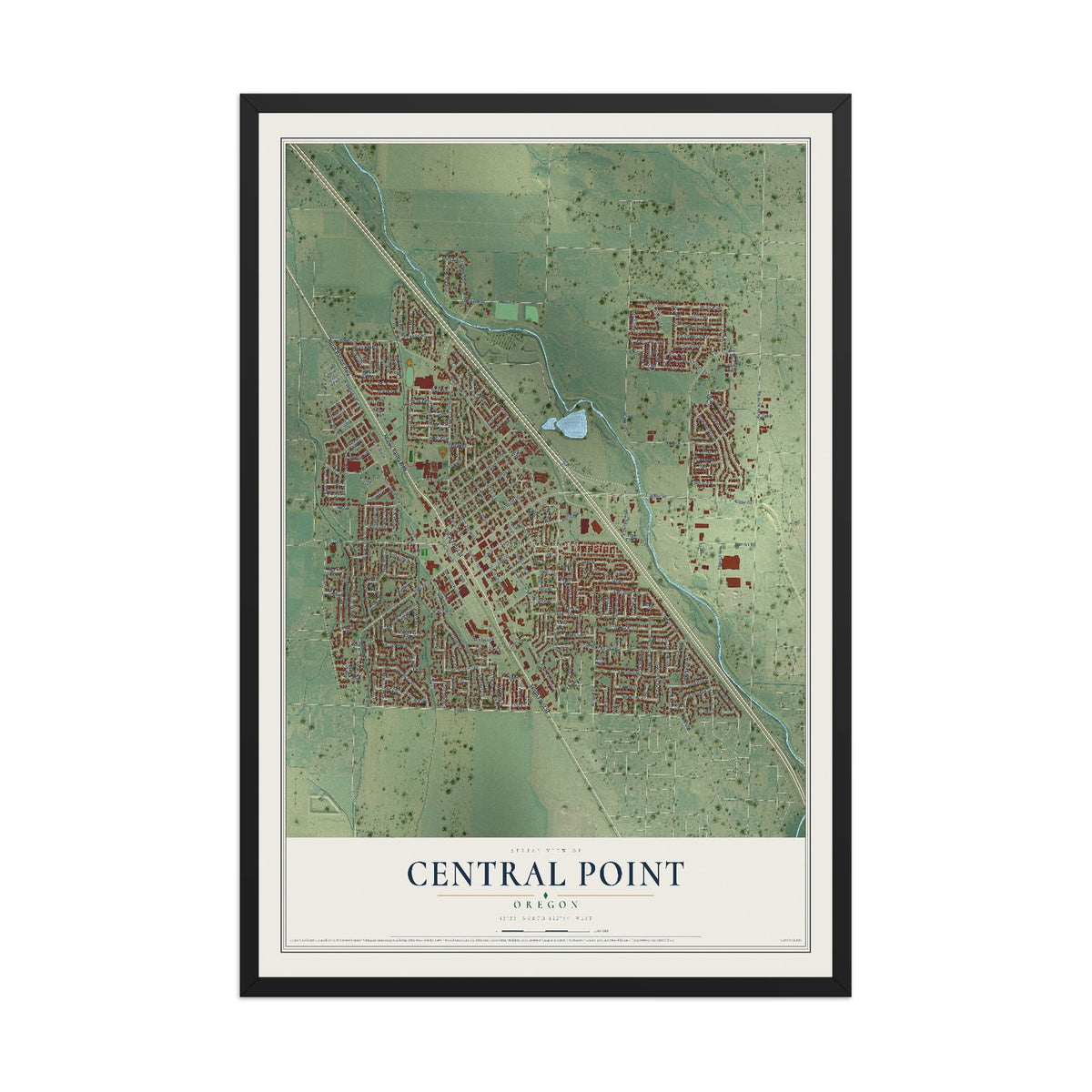 Map of Central Point, Oregon, 12 x 18 inch print in a black wood frame