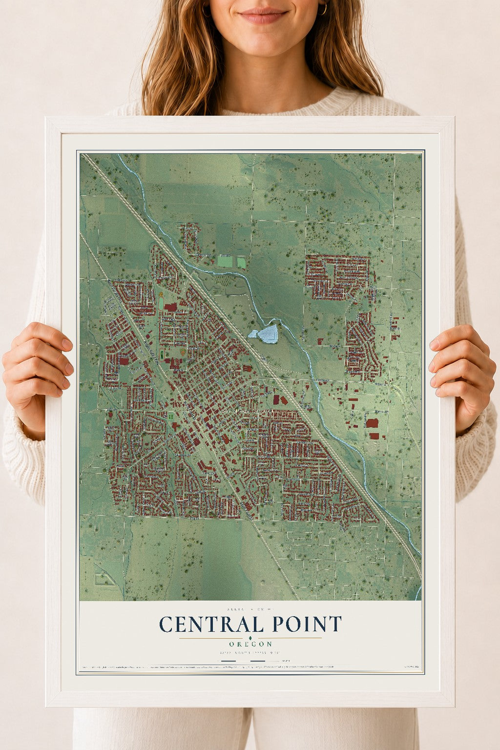Map of Central Point, Oregon, 18 x 24 inch print in a white wood frame
