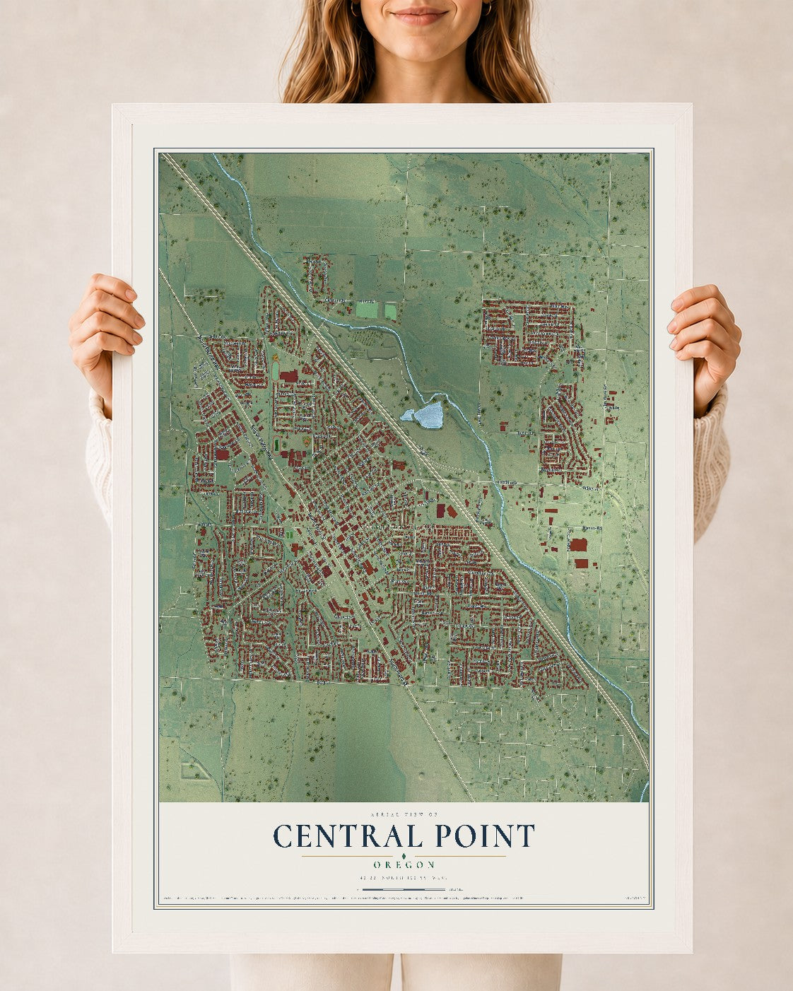 Map of Central Point, Oregon, 24 x 36 inch print in a white wood frame